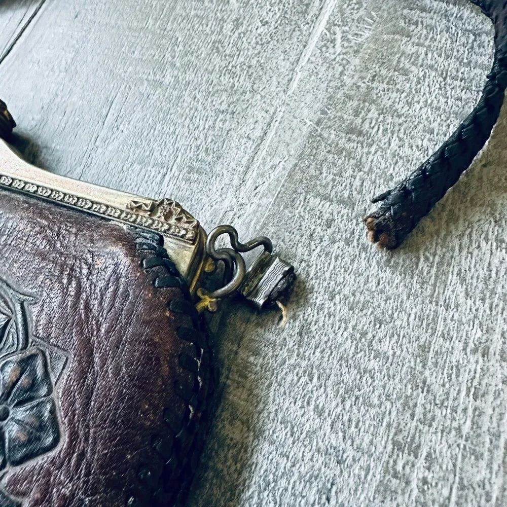 Amity Vintage Antique Leather Tooled Wallet Pouch Bag